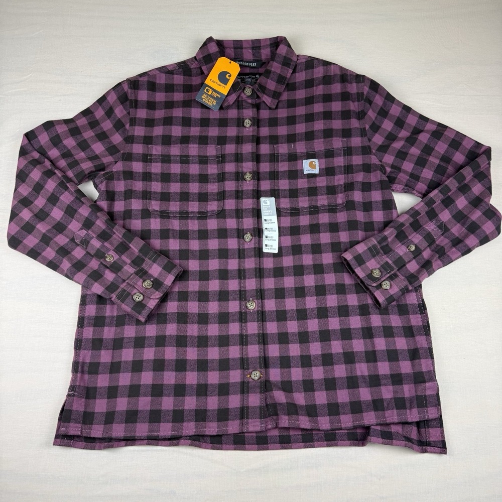 Carhartt Rugged Flex Women’s M Plaid Flannel Shirt Loose Fit NWT Purple Black